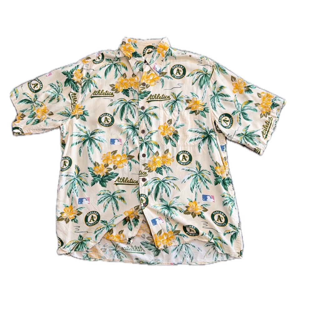 Reyn Spooner Oakland Athletics MLB Hawaiian Shirt Mens Large Cream Spun Rayon